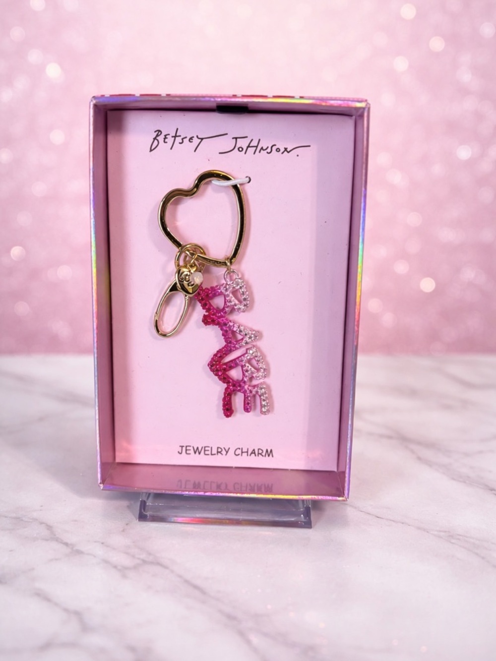 Betsey Johnson "Babe" bag charm, pink, white rhinestones and a gold-tone chain - Picture 2 of 3